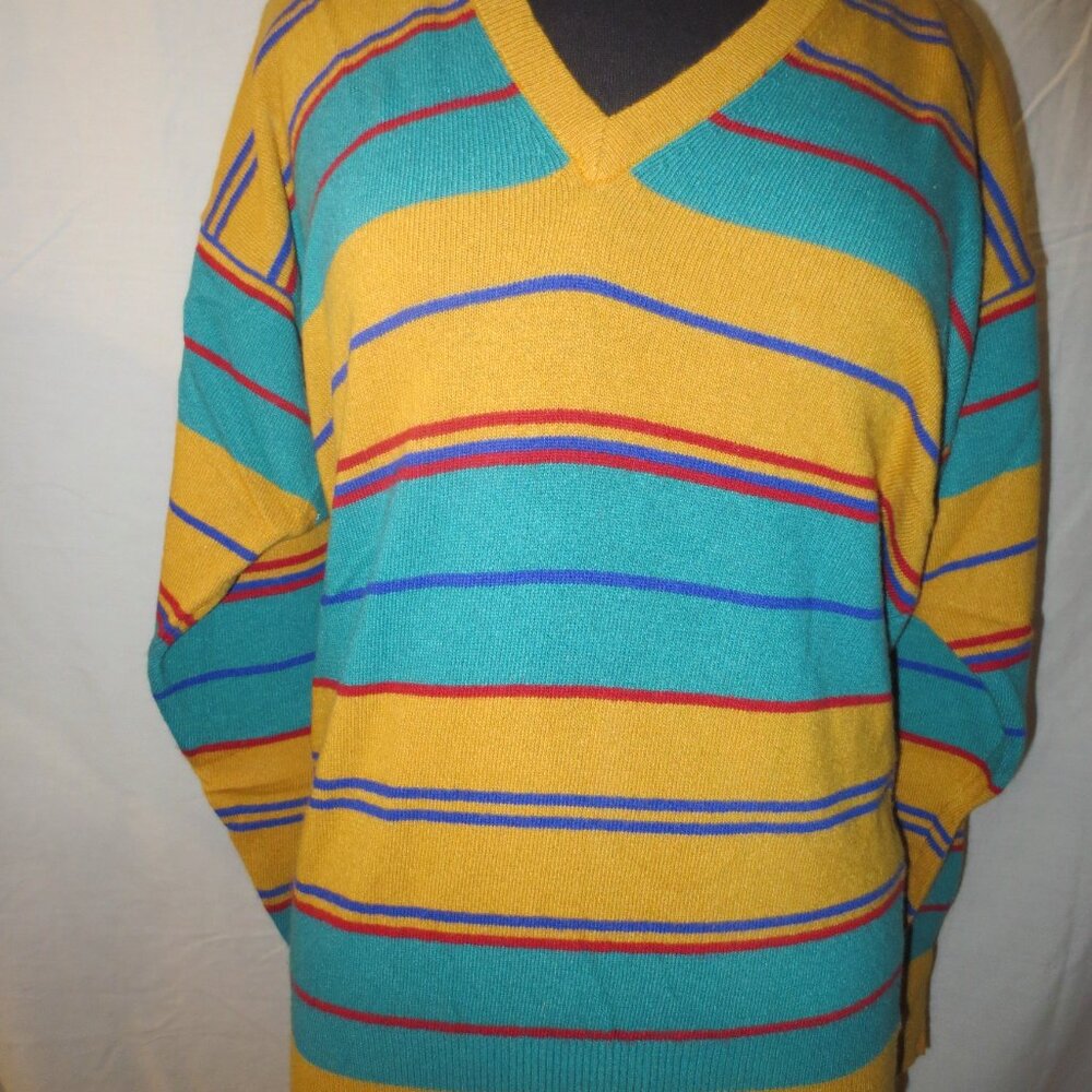 Vintage 1980's Bill Haire Women's 100% Cashmere Multi Color V Neck Sweater Large
